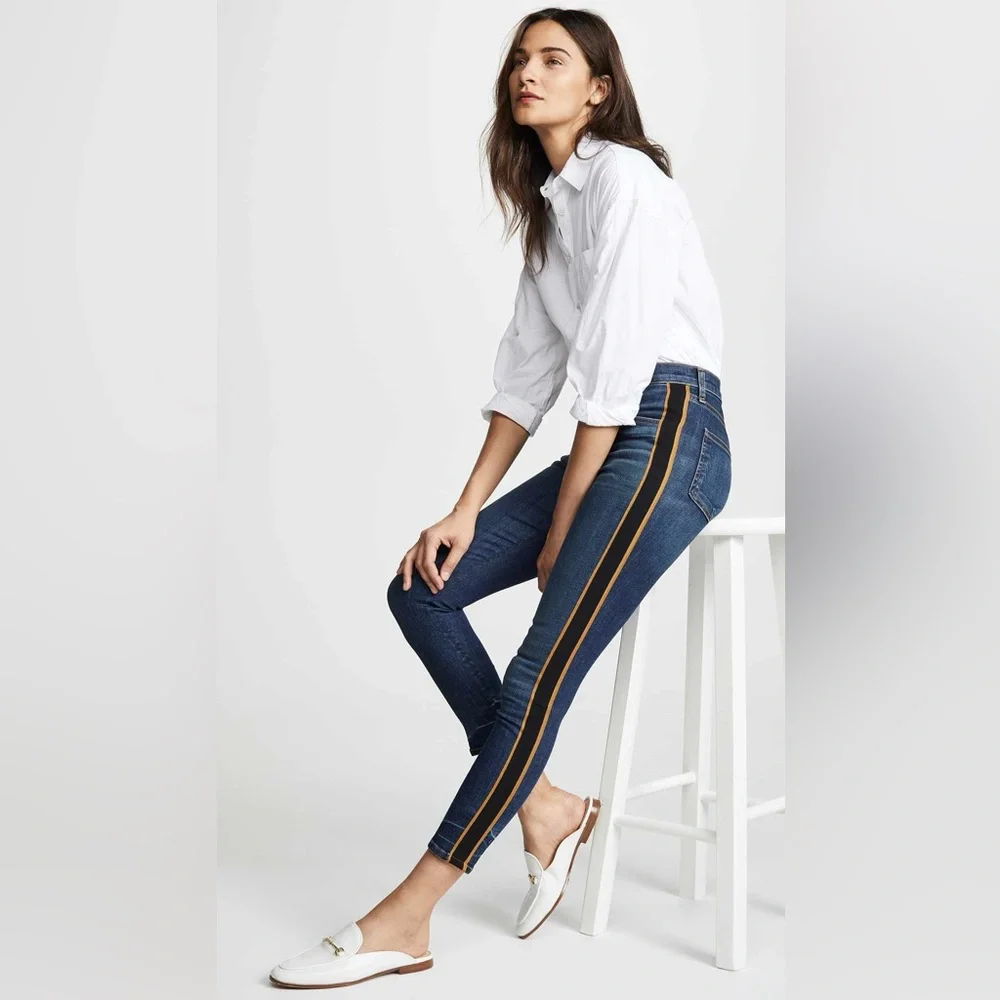 NEW Veronica Beard Crop Slim Fit Button Fly Tuxedo Stripe Jeans in Dark Wash - Picture 2 of 12